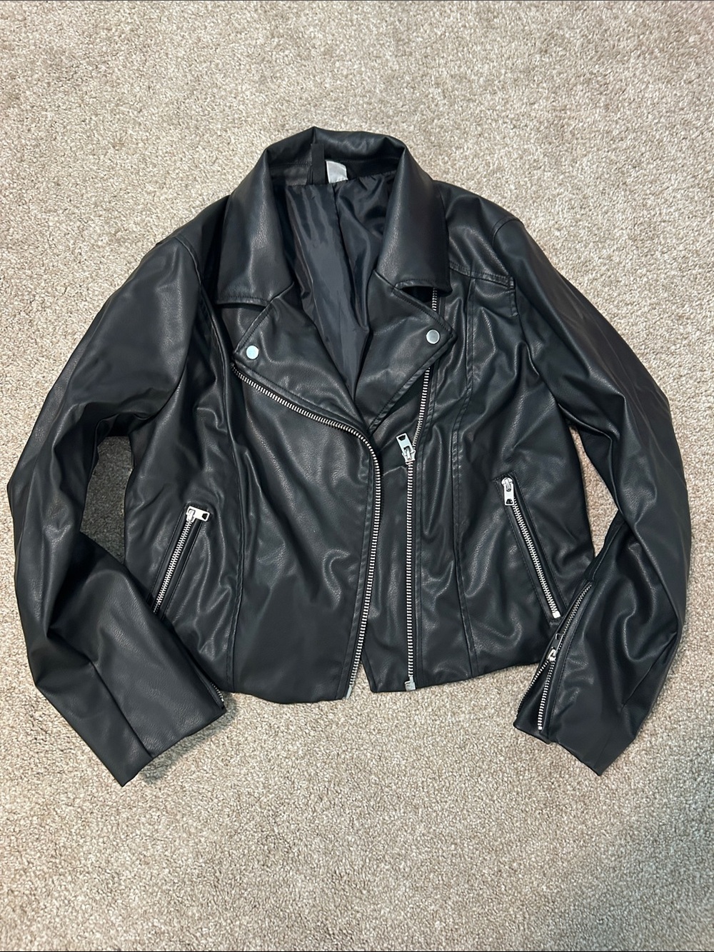 H&M Black Faux Leather Moto Jacket with Silver Zippers